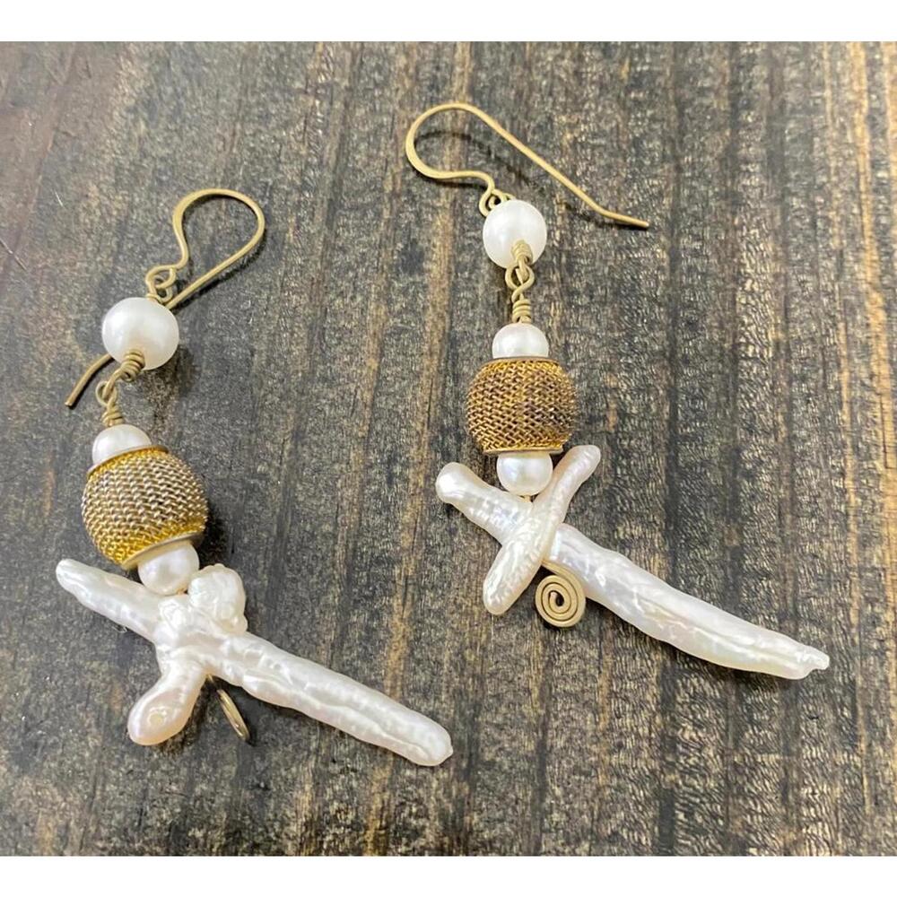 Vintage Detailed Baroque Freshwater Cross Shape Pearl Earrings